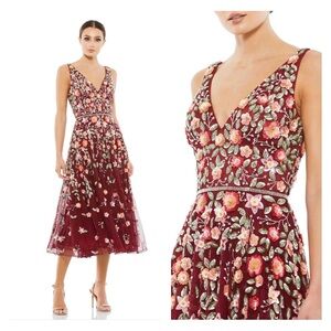 Mac Duggal Floral Embroidered Midi Dress - Burgundy and Multicolor